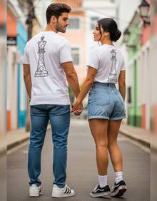 Couple's Set Of 2 Matching King And Queen Checkered Shirts, 100% Cotton - White / Black Print She M - View 5