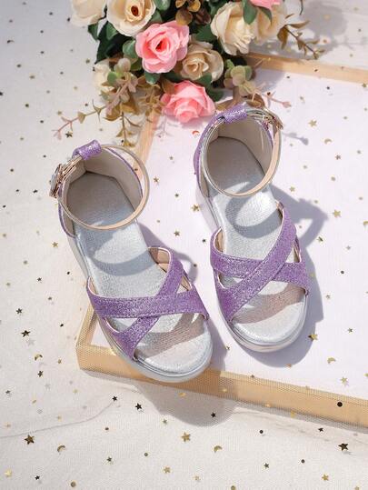 1 đôi sandal đế xuồng cao gót màu tím lấp lánh cho trẻ em, đế dày, thiết kế khóa cài tiện lợi khi mang vào/tháo ra, phù hợp cho biểu diễn, tiệc tùng, thời trang và thanh lịch.