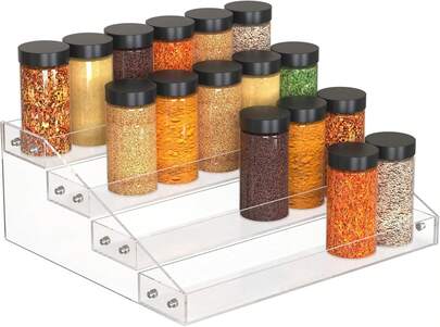 4 Tier Clear Spice Rack Organizer For Cabinet, Acrylic Display Riser Shelf Seasoning Organizer For Countertop Pantry Cupboard, Transparent Storage Holder For Kitchen Condiment Jar Spice Container