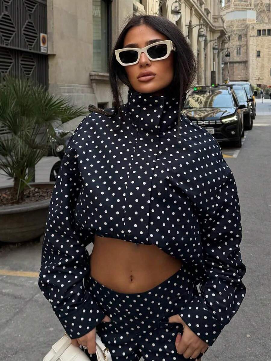 Women's Fashion Fitted High Collar Long Sleeve Short Jacket, Polka Dot Print Casual Bomber Jacket, New Style Spring - Royal Blue - View 1