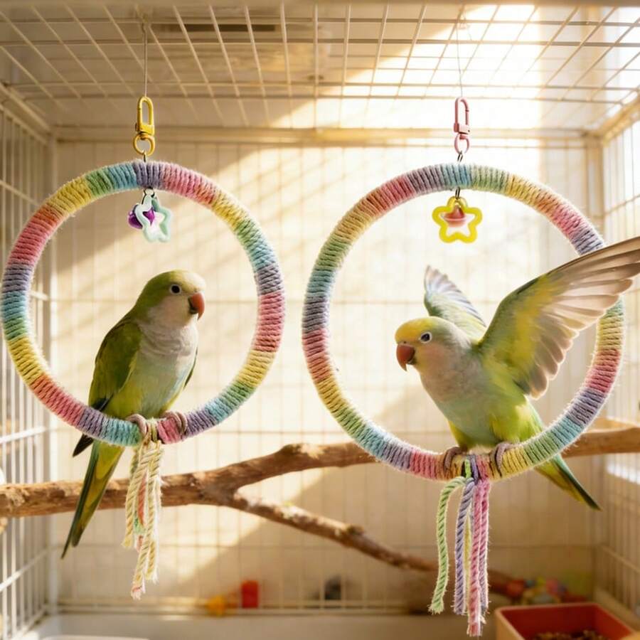 1 pieza Columpio de loro con degradado de arcoíris, diseño de colgante de estrella con borlas, juguete masticable y escalable para pájaros, adecuado para cacatúas, periquitos y otras aves, para jugar en la jaula - Ver 1