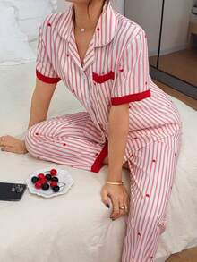 Dreamivo Striped Heart Print Women Short Sleeve Pajama Set - Pink - View 6