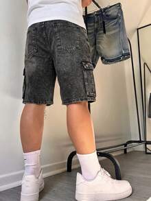 Quần short denim cargo, quần short denim nhiều túi, quần short Bermuda ống thẳng, quần short jeans rách bằng cotton, quần short denim phong cách đường phố thường ngày, quần short Bermuda thoáng khí đa năng cho mùa hè đi làm. - màu đen - Xem 2