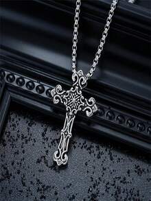 1 pieza Collar con colgante de cruz de acero inoxidable, estilo europeo y americano, diseño único y versátil para hombres - Plateado - Ver 2