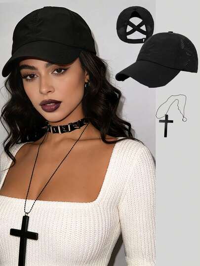 1顶网眼马尾棒球帽，附赠十字架项链，做旧交叉马尾可调节户外防晒休闲帽，适合春秋季、旅行、海滩、Y2K风格