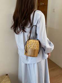 Túi xô đan thủ công bằng tre Niche, túi tote rỗng đeo vai dành cho nữ, thích hợp cho kỳ nghỉ biển. - Màu Khaki - Xem 5