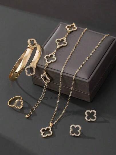 Set de 5 piezas de joyería elegante con collar, pulsera, brazalete, aretes y anillo con diseño de flor de 5 pétalos al estilo europeo y americano de moda