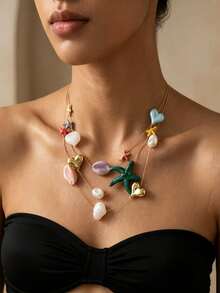 1 chiếc vòng cổ mặt dây chuyền nhiều lớp bằng nhựa hình vỏ sò, rùa và sao kiểu dáng bãi biển (Nữ) - Nhiều màu - Xem 2