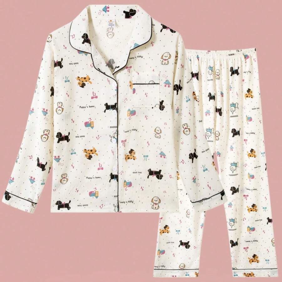 Z&D Lingerie Women's American Pajama Set With Puppy Print - Long-Sleeved Cotton Set SY58 - 白色 - 查看 1