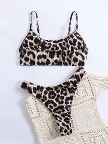 Traje de baño de 2 piezas con estampado de leopardo, escote halter y espalda descubierta, sexy para mujeres en vacaciones y playa en verano - Estampado de leopardo 2 - Ver 6