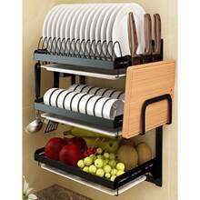 Estante para secar platos de montado en la pared cesta de almacenamiento de frutas y verduras con escurridor y palillos colgantes jaula para cuchillos suministros de - Acero inoxidable  3 niveles - Ver 2