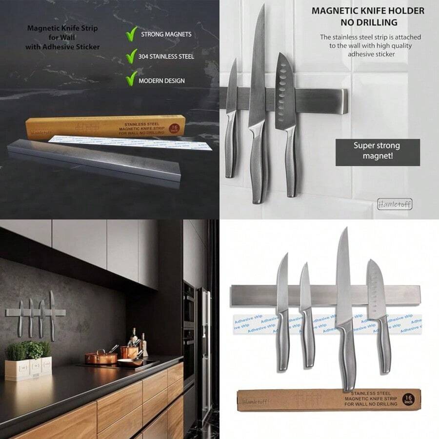Soporte magnético para cuchillos para pared sin perforación soporte magnético de acero inoxidable de 16 pulgadas autoadhesivo tira magnética para cuchillos de cocina con calcomanía - Plateado - Ver 1