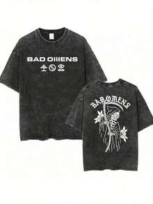 2026  Band Music Tour 2024 Washed T-Shirt - Vintage 90s Y2K Pop Music Pattern T-Shirt, Unisex Casual Loose Streetwear, Black With White Skull And Floral Design, Comfortable For All Seasons, Music Fan Apparel |   Fashionable Style Shirt |   Durable Printed Quality, Loose And Comfortable, Casual And Easy-Going, High-Quality Wax Printed Cotton Retro Fashion Brand T-Shirt, Men's T-Shirt, Beach Must-Have, Men's Summer T-Shirt, Holiday Gift, Perfect Gift, Valentine's Day Gift - 黑色 - 查看 8