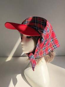 1pc Unisex Plaid Print Color Block Hat, Retro Plaid Headscarf Style Hat, Versatile Outdoor, Beach, Travel, Casual Wear, Suitable Hiking, Leisure, Shopping, Vacation, Daily Use - 紅色 - 查看 3