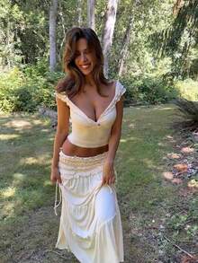 Spring/Summer New V-Neck French Twist Knot Tank Top, Draped Frill Hem Sexy Midi/Skirt Set For Women, Boho & Bohemian Dress Elegant - Apricot - View 12