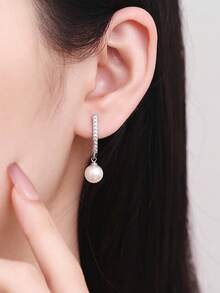 1 đôi bông tai bạc S925 cao cấp đính đá Zirconia và ngọc trai, kiểu dáng thanh lịch, phù hợp để đeo hàng ngày và dự tiệc, là món quà lý tưởng cho phái nữ. - Bạc - Xem 1