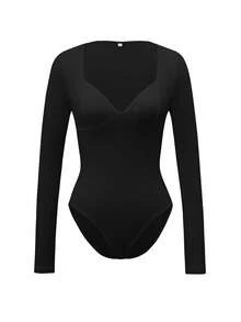 Plus Size Women Summer Casual Solid Color Knitted Sweetheart Neck Bodysuit Black - Black - View 3
