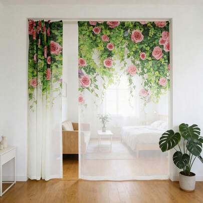 MEISIMENGSHA 1 par de cortinas transparentes con estampado de rosa rosa y hoja verde, cortinas de puerta estilo bohemio, livianas y transpirables para la cocina y la entrada