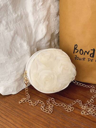 1pc 3D Mesh Rose Circular Handbag, Chain Shoulder Bag, French Sweet Style, Versatile Unique Tote Suitable For Dates, Parties And Photography (Actual Product Color May Slightly Differ From The Picture Due To Lighting And Angle During Shooting)