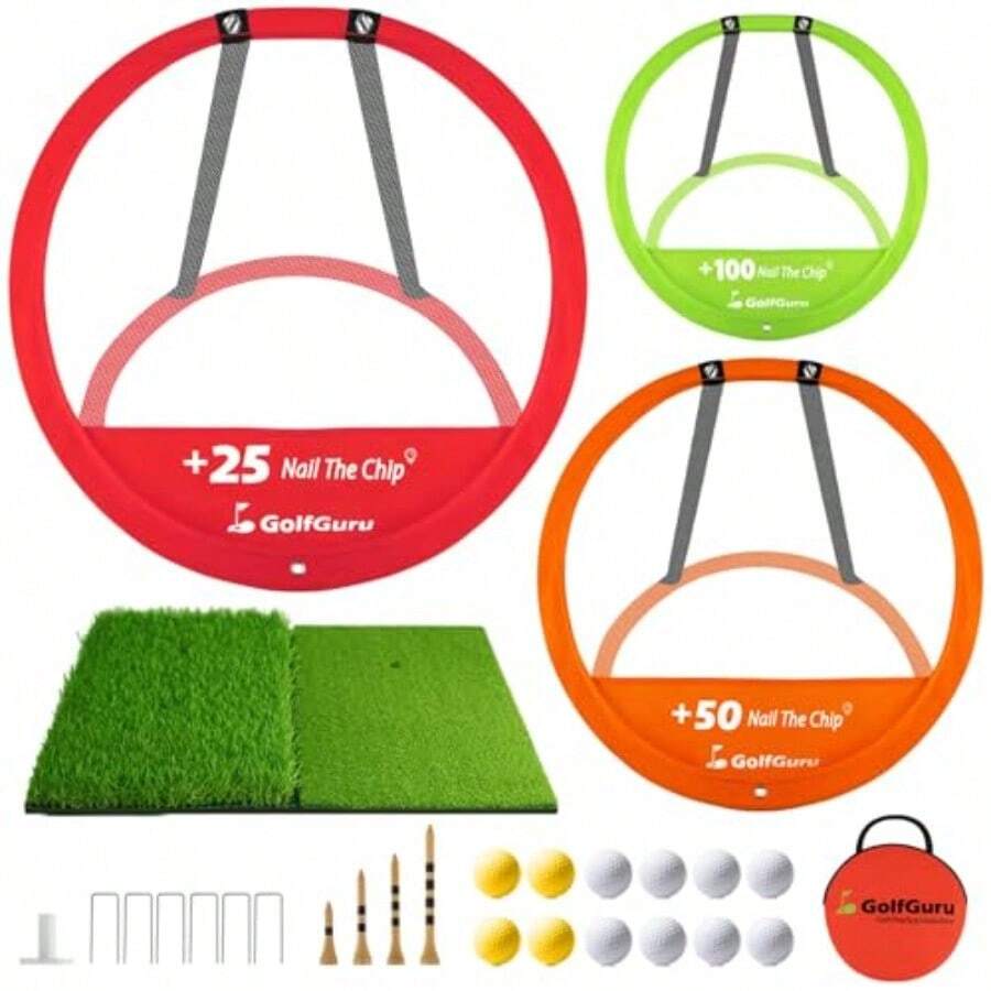 Golfguru - Juego de red de golf con alfombrilla de golpe de golf con bolsa de transporte portátil red para practicar golf para diferentes distancias y direcciones red de golf para enfoque de juego corto - rojo verde y naranja - Ver 1