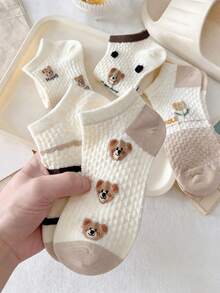 3 Pairs Random Summer Thin Waffle Grid Mesh Bear Ankle Socks For Women, Student Soft Girl Daily Versatile Breathable Low-Cut Socks - Multicolor - View 1