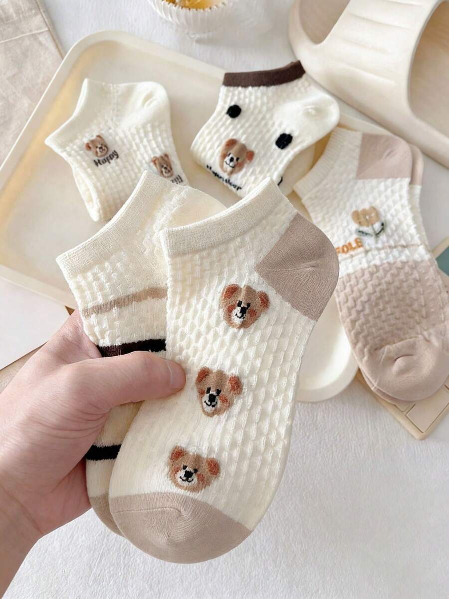 3 Pairs Random Summer Thin Waffle Grid Mesh Bear Ankle Socks For Women, Student Soft Girl Daily Versatile Breathable Low-Cut Socks - Multicolor - View 1