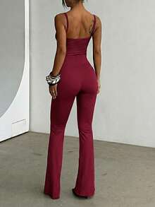 1pc Solid Color Knotted Lace Bralette Jumpsuit, Suitable For Vacation All Season - Burgundy - View 2