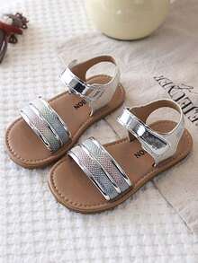 1 Pair Girls' Soft Sole Non-Slip Flat Open Toe Strap Hook And Loop Sandals, Shiny Fashion Performance Beach Shoes, Suitable For Summer - Silver - View 2