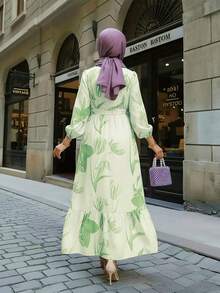 Vestido de estilo árabe con cintura elástica, estampado floral elegante y volantes en el bajo, adecuado para ocasiones casuales, de viaje, vacaciones o fiestas - verde fluorescente - Ver 2