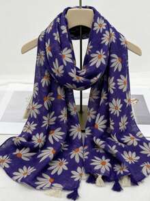 1 chiếc khăn quàng cổ nữ màu tím in họa tiết hoa cúc, thích hợp để chống nắng vào mùa xuân và mùa hè. - Nhiều màu - Xem 1