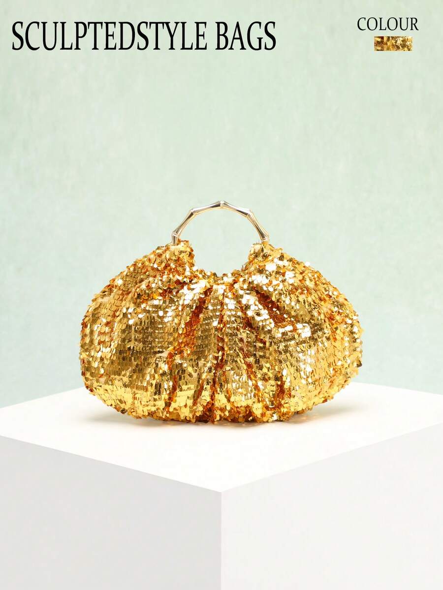 1pc Metallic Shiny Sequin Cloud Shaped Pleated Handbag, Luxury Bamboo Handle Tote Bag, Elegant Party Evening Clutch Suitable For Formal Dress - Gold - View 1