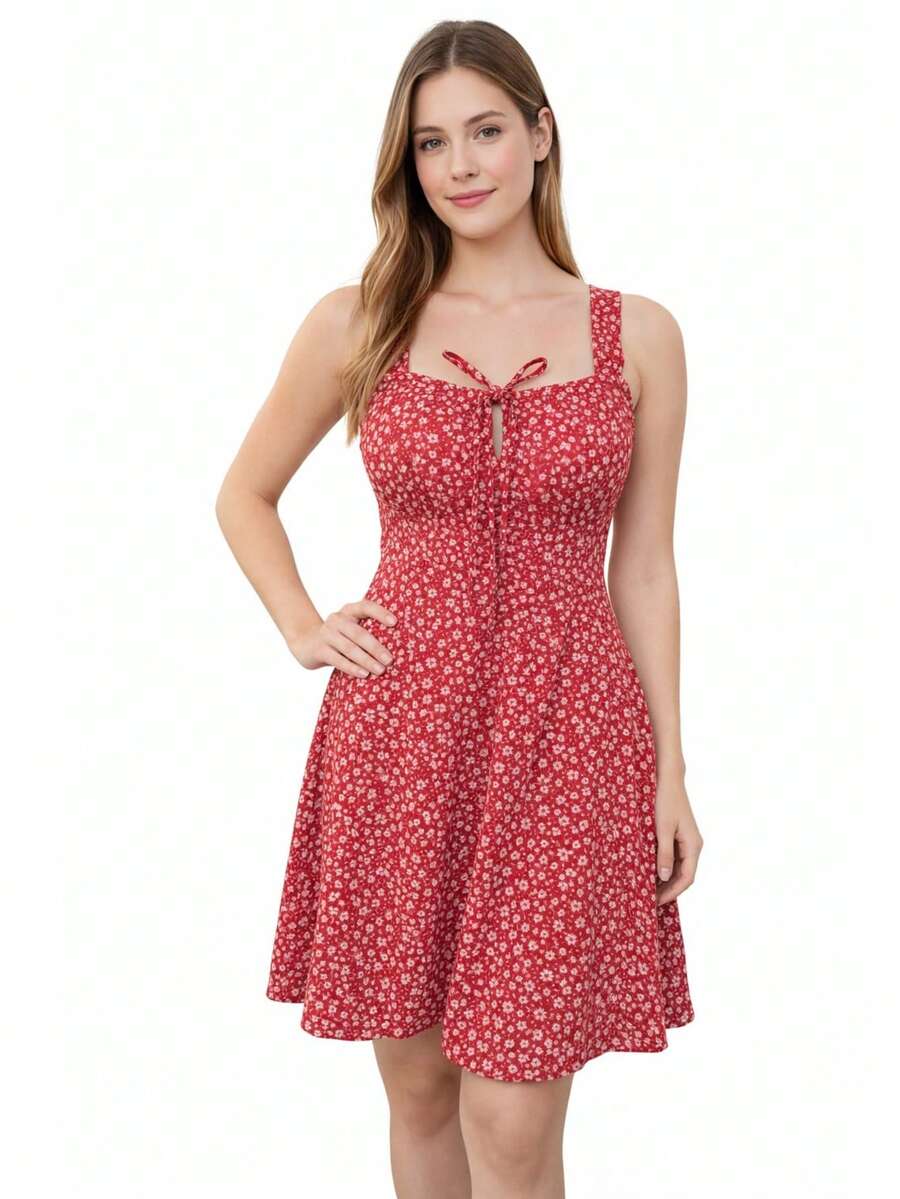 Women's Short Floral Dress With Wide Straps, Fitted Waist, Lightweight, Casual - 紅色 - 查看 1