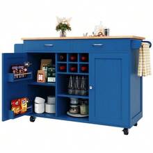 Modern Kitchen Island (102*45*92cm), Kitchen Cabinet, Sideboard, Dining Trolley With Wood Grain, Buffet, Multifunctional Dining Table With Storage Space, Blue - Blue - View 10