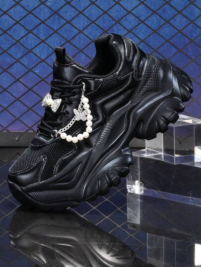 Women's Fashion Casual Shoes, Plus Size Black Shoes, Dark Sweet Punk Style, Suitable For Students, Commuting, Shopping, Dating, 7CM Increased Height, EVA Lightweight Thick Sole Chunky Sneakers, Decorated With Silver Rhinestone Butterfly Pearl Accessories Chain, Breathable Skateboard Shoes, Suitable For Outdoor All Seasons