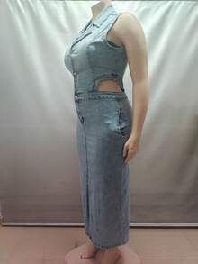 Women'S Sexy Sleeveless Denim Dress |   Lapel Collar, Waist Cutout & High Split Design, Ideal For Daily Wear, Commute, Date Night & Parties - 藍色 - 查看 5