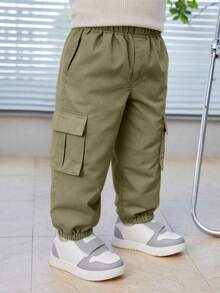 1 件幼儿休闲纯色松紧腰裤，适合春秋季户外穿着 - 軍綠色 - 查看 7