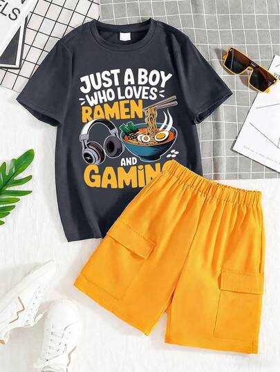 2pcs/Set Boys' Casual Short Sleeve T-Shirt And Shorts, Versatile Ramen Headphone Letter Cartoon Print, Suitable For Outing/Daily Wear