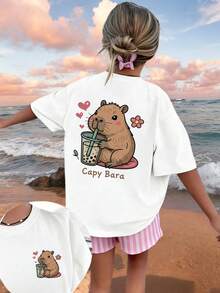 Tween Girl Cute Capybara Print T-Shirt, Soft And Comfortable Fabric, Suitable For Girls Outdoor Sports, Casual Wear, Street Style, Campus Style, Fashionable Girls Spring/Summer Casual Versatile Top - White - View 3