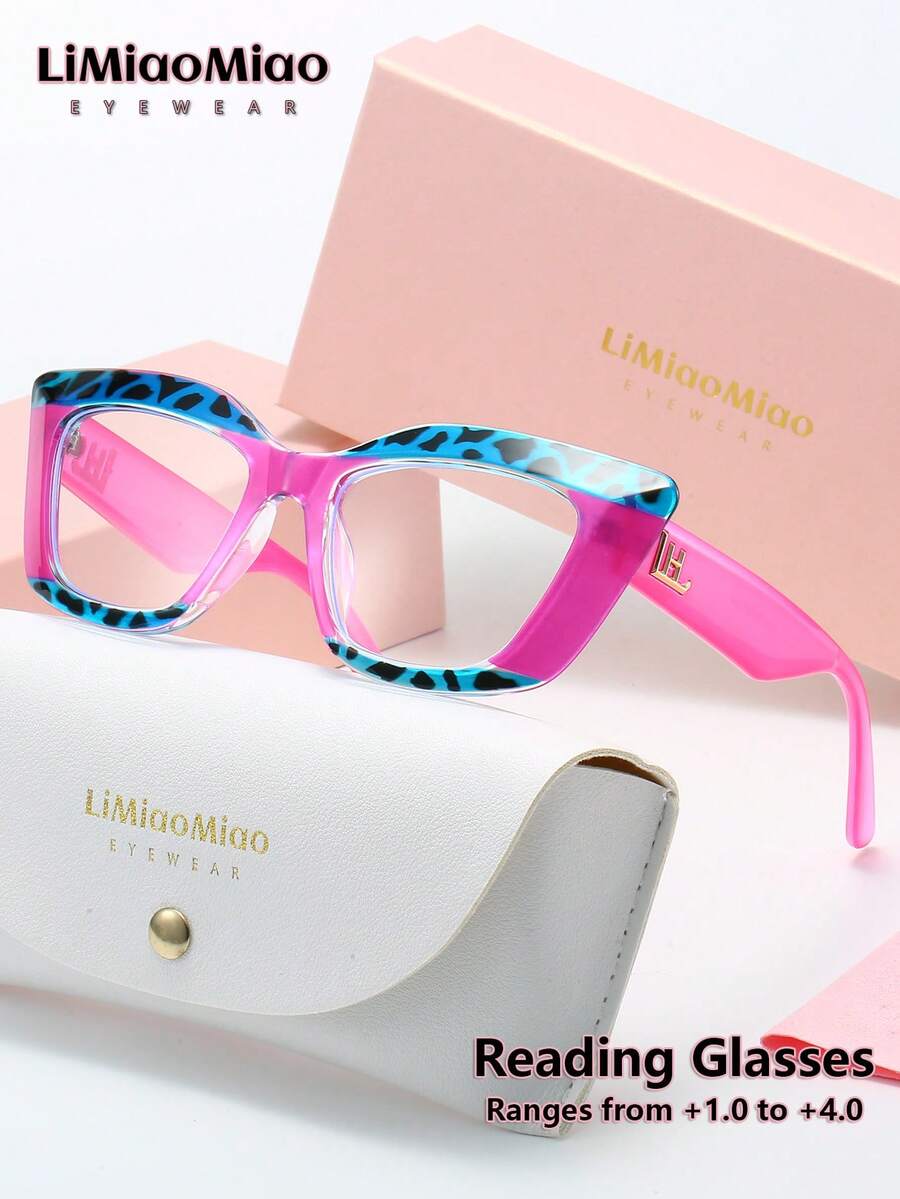 LiMiaoMiao 1pc Unisex Cat Eye Vintage Reading Glasses, Multi-Color, Clear Lens, Computer/Reading Glasses, Magnification +1.0 To +4.0, With Case & Cloth, Suitable As Holiday Gift - Transparent - View 1
