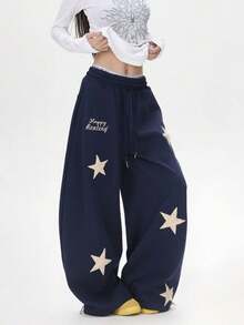 Star & Check Patchwork Embroidered Sports Casual Pants, Unisex Sweatpants, Loose Fit, Straight Leg, Elastic Belt, Long Pants - 藏蓝色 - 查看 1