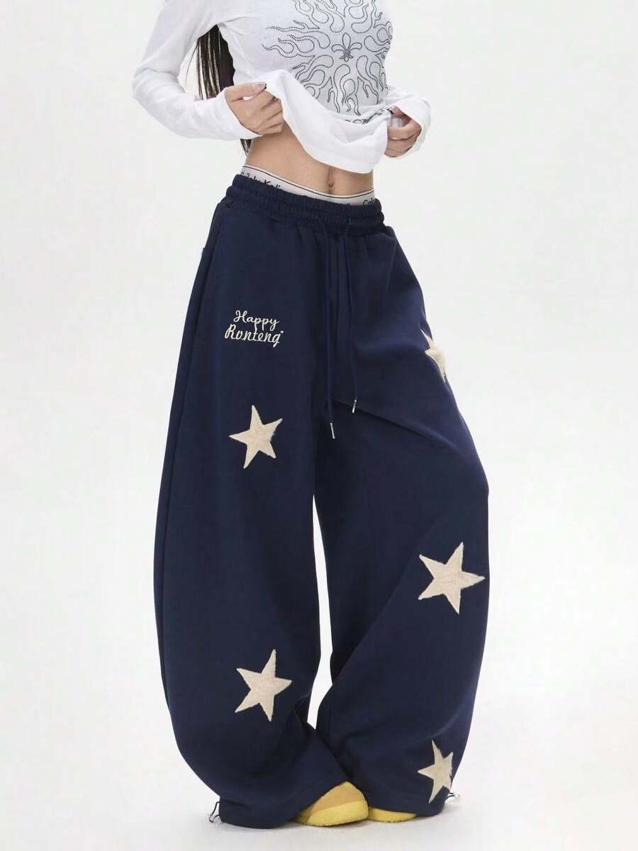 Star & Check Patchwork Embroidered Sports Casual Pants, Unisex Sweatpants, Loose Fit, Straight Leg, Elastic Belt, Long Pants - 藏蓝色 - 查看 1