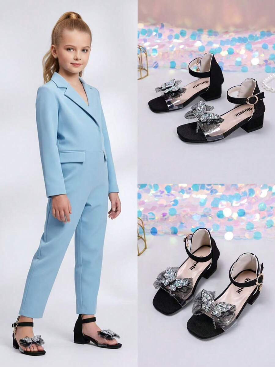 1 par de tacones de baile rosas para niñas, con mariposa brillante, cuero suave con lentejuelas, correa ajustable, punta redonda, tacón de plataforma, diseño de una sola correa, tacones altos glamorosos y elegantes para princesa, adecuados para uso diario, baile, eventos, primavera/verano 2026 - Negro - Ver 1