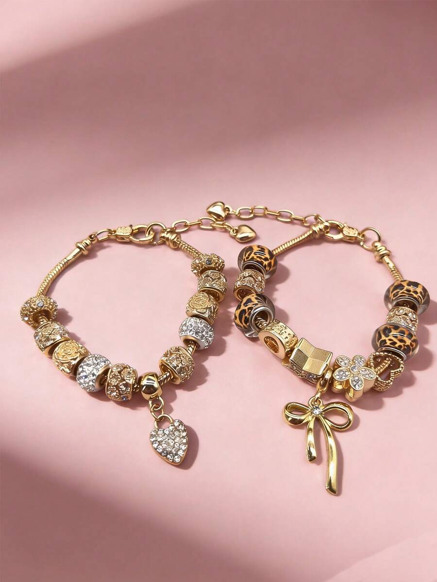 2 piezas Brazaletes con colgante de corazón de cristal brillante con encantos de pentágono de rhinestone, lazo, flor y estampado de leopardo, joyería de pulsera personalizada para mujeres, adecuada para uso diario, citas, Día de la Madre, regalo del Día de San Valentín