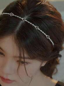 1件装女士纯色合金金属花朵仿珍珠水钻细发箍，优雅甜美校园风，适合派对、舞会和日常佩戴，旅行配饰发带发箍 - 彩色 - 查看 2