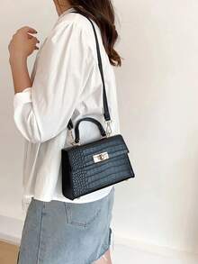 Lightweight,Business Casual Mini Crocodile Embossed Twist Lock Flap Square Bag For Teen Girls Women College Students,Rookies & White-Collar Workers Perfect For Office,College,Work ,Business,Commute,Outdoors, Travel, Outings, Animal Print Women Bag - màu đen - Xem 8