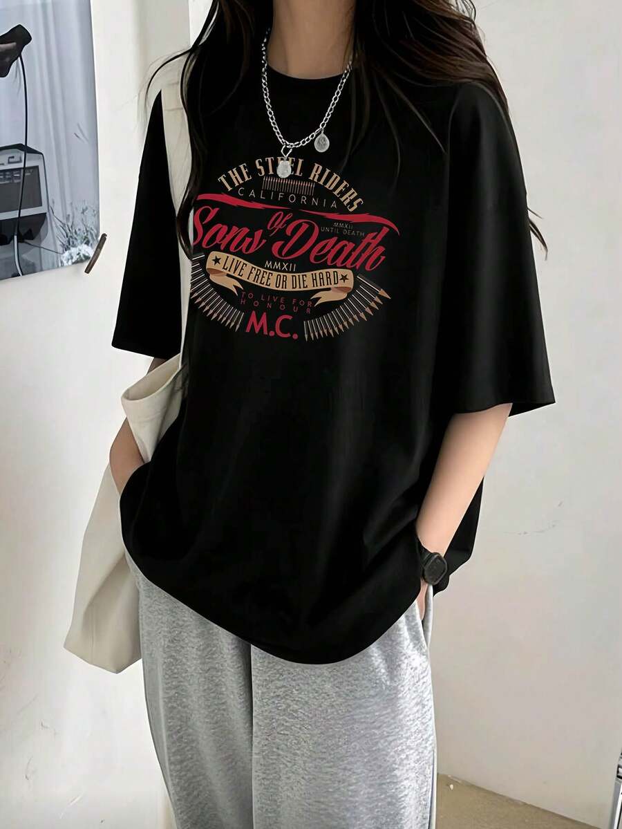 Y2K印花短袖T恤，女士夏季休闲宽松圆领百搭显瘦上衣，黑色 - 黑色 - 查看 1