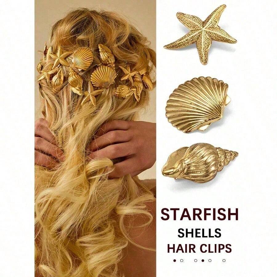 Shell Starfish Conch Hair Clips, Ocean Holiday Style Hair Accessories, Side Clip Forehead Bangs Clip, Flat Claw Clip, Hair Slide, Hair Claws, School Stuff - Nhiều màu - Xem 1