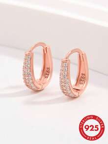 Vaerine 1 Pair Delicate Lightweight 925 Sterling Silver Half-Circle Small Stone Cluster Double Hoop Earrings, Women's Party & Daily Accessory Gift - Rose Gold - View 1