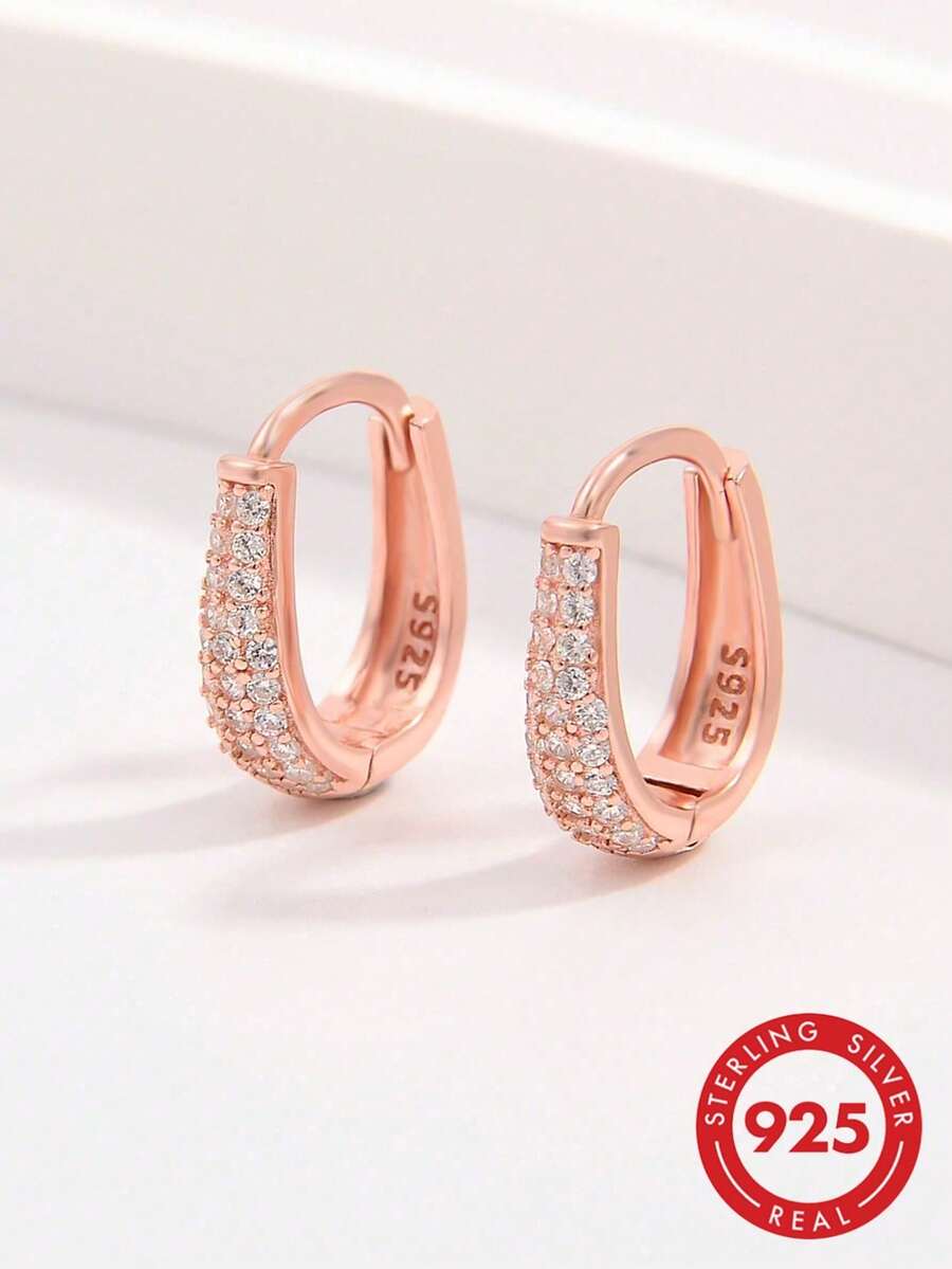 Vaerine 1 Pair Delicate Lightweight 925 Sterling Silver Half-Circle Small Stone Cluster Double Hoop Earrings, Women's Party & Daily Accessory Gift - Rose Gold - View 1