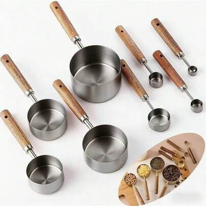 Bộ 8 cốc và thìa đong định lượng dùng cho nhà hàng, bộ cốc và thìa đong định lượng bằng thép không gỉ, cốc đong định lượng bằng thép không gỉ cán gỗ keo dùng cho thực phẩm khô và nguyên liệu lỏng, dụng cụ làm bánh DIY, thìa nêm gia vị.